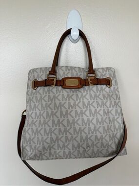 MICHAEL KORS Hamilton Large Logo Satchel Vanilla Signature Print Canvas Bag